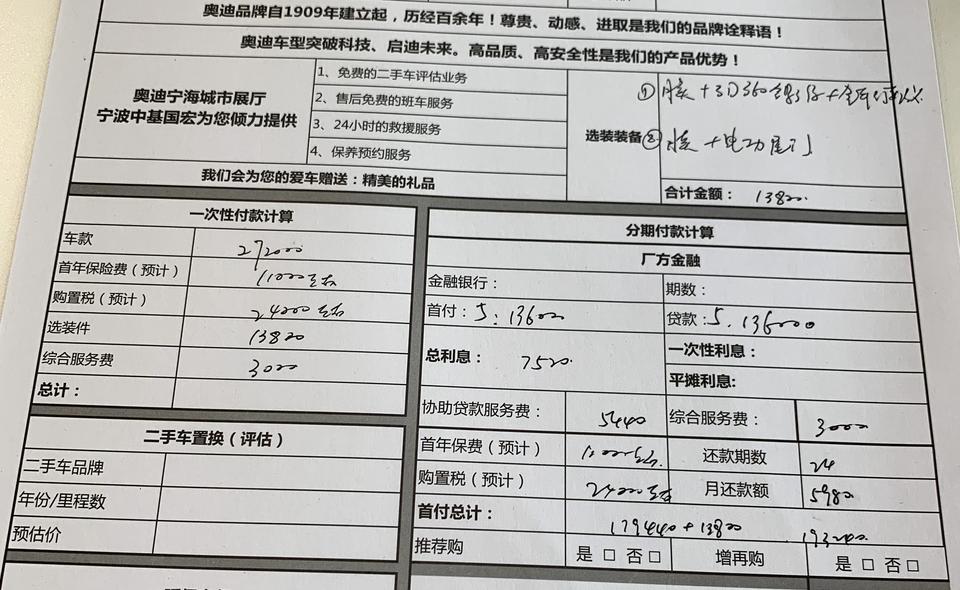 奥迪A4L 40豪华，问下这个选装包13800和服务费3000是不是贵了 ？ 如果不选装，裸车价变280000。你们买车