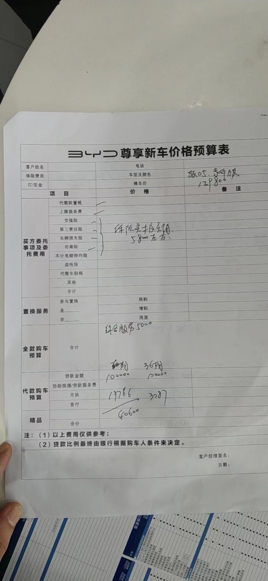 比亚迪驱逐舰 05 坐标广州花都，今天和老婆去海洋网亿昊城看车。销售第一次报价，如图。分60期和36期，比亚迪自己的贷款