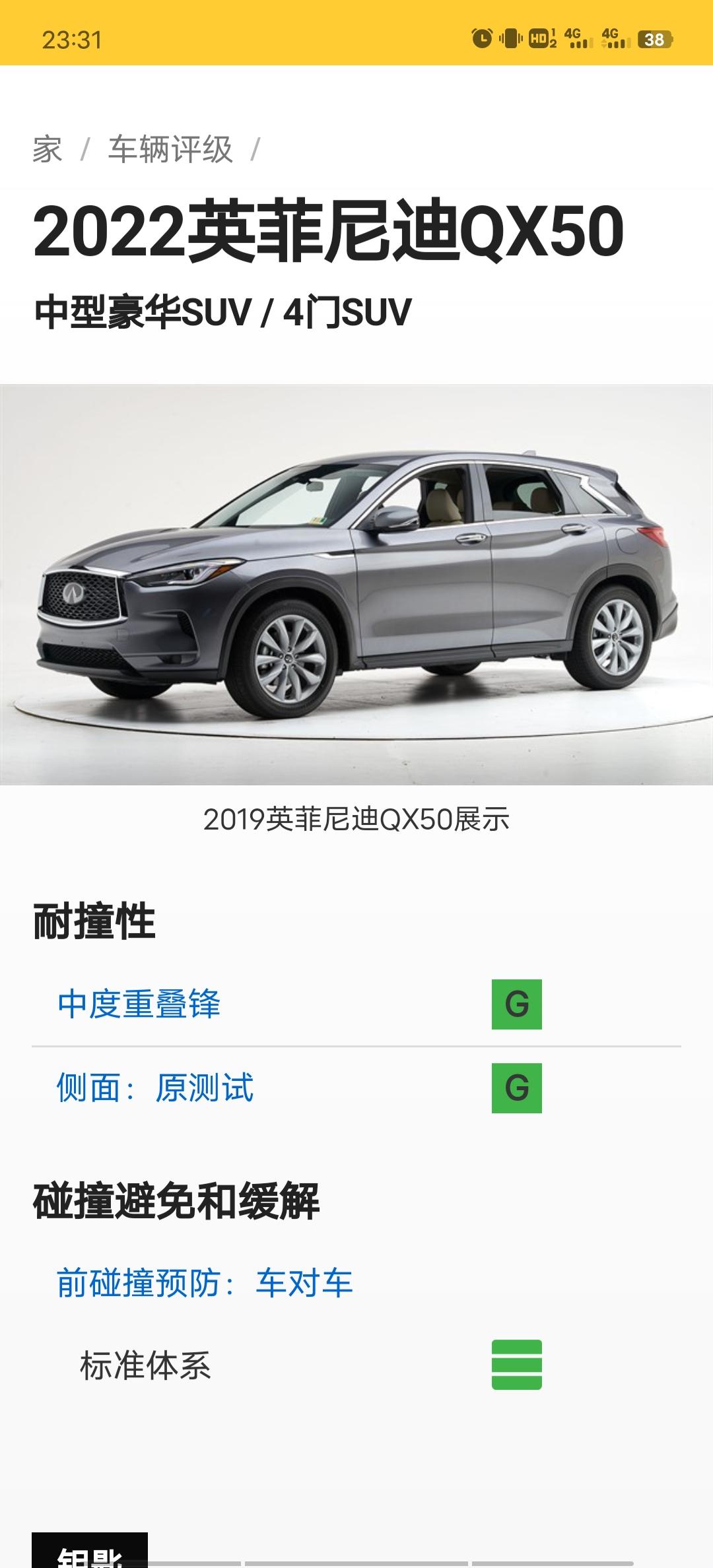 英菲尼迪QX50 北美测试qx50安全性相当可以啊，国内版本的不知道和北美的差距大不大