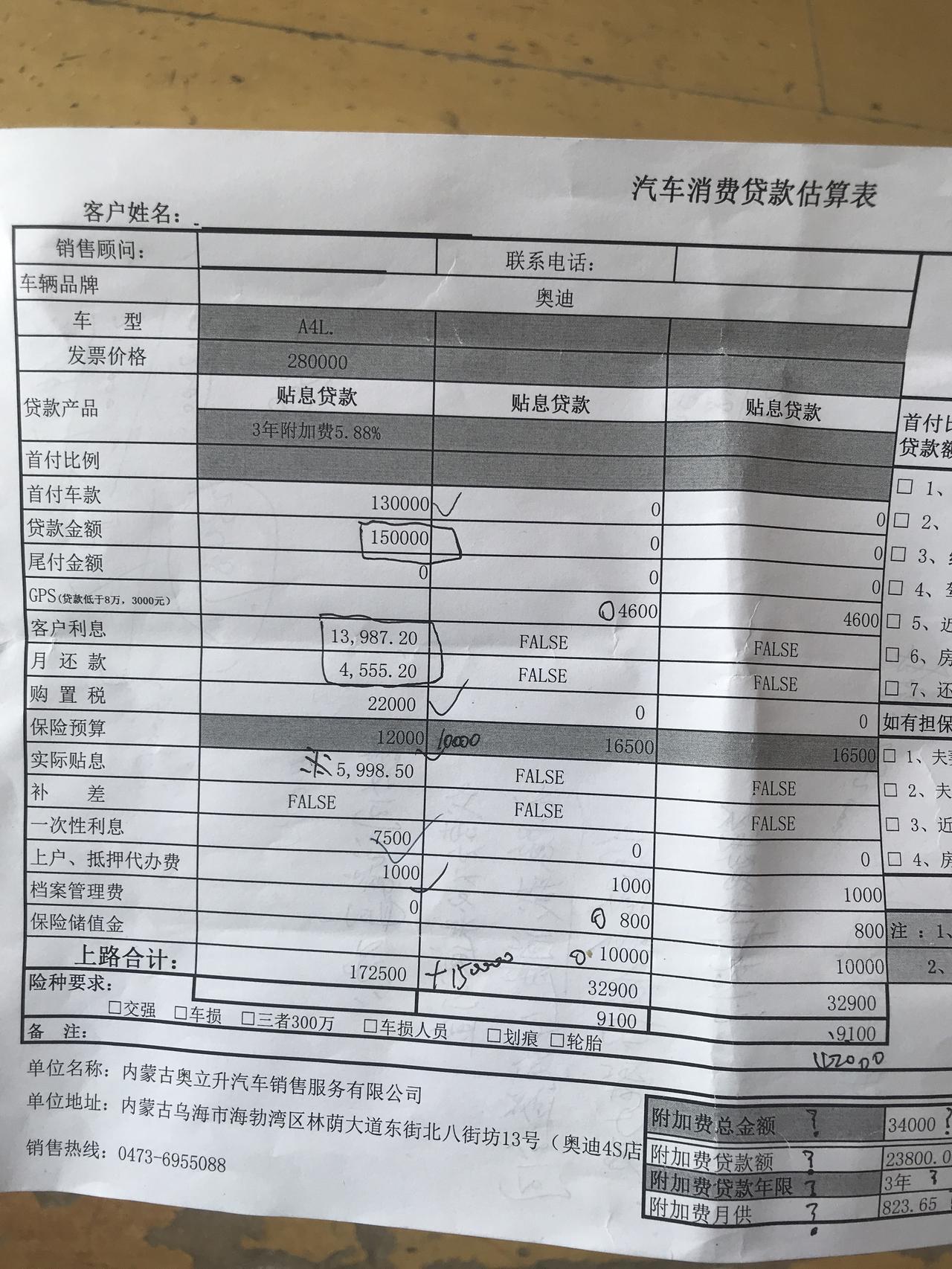 奥迪A4L A4L豪华动感，坐标内蒙古落地319000，加贷款利息336487，贷百分之15 贷三年，送琥珀膜，隐藏式记