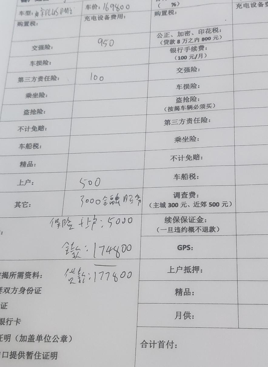 比亚迪宋PLUS DM-i 热心求助?110顶配plus全款174800=上牌500+保险4500三年免息178800=