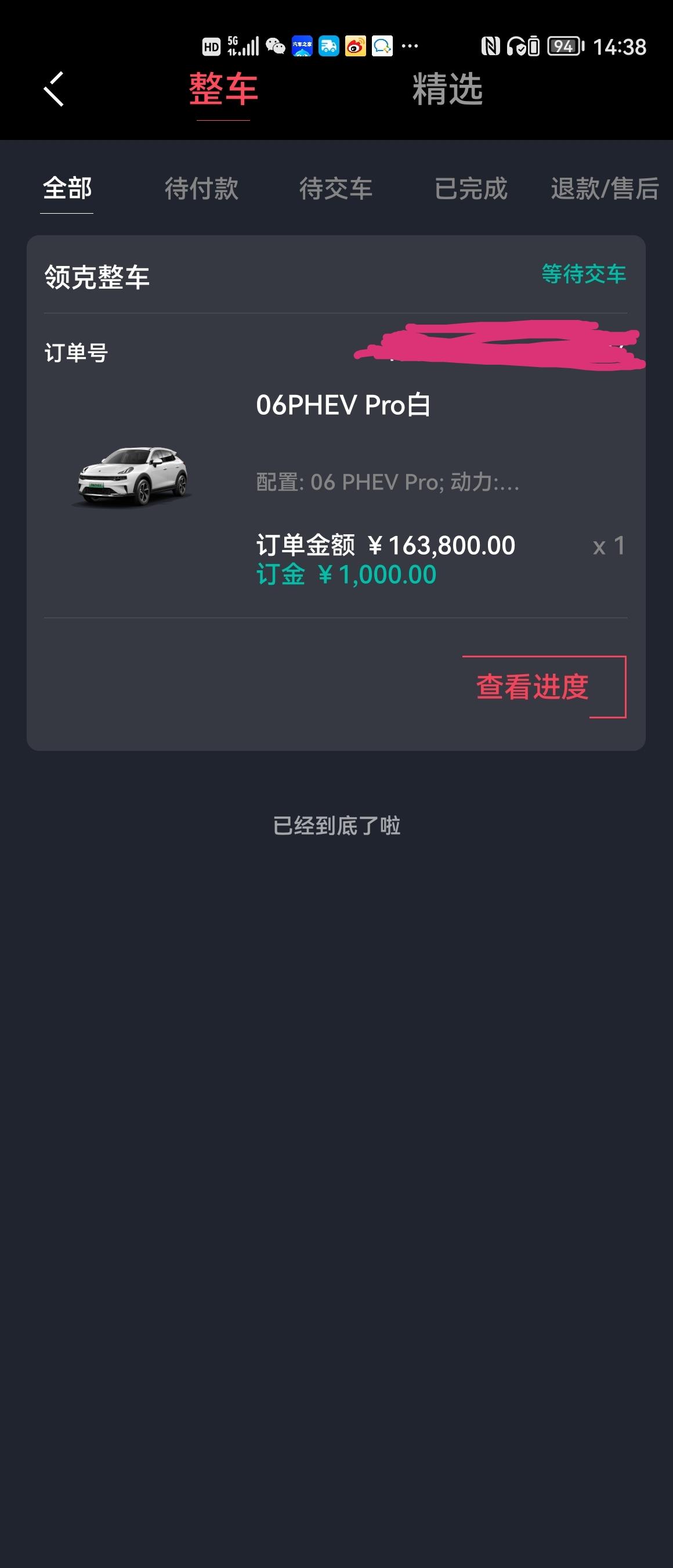 领克06 PHEV 坐标广州，日期4-20日，下订金5000订了06Phev pro 白色，没加智能包，算上保险总计是1