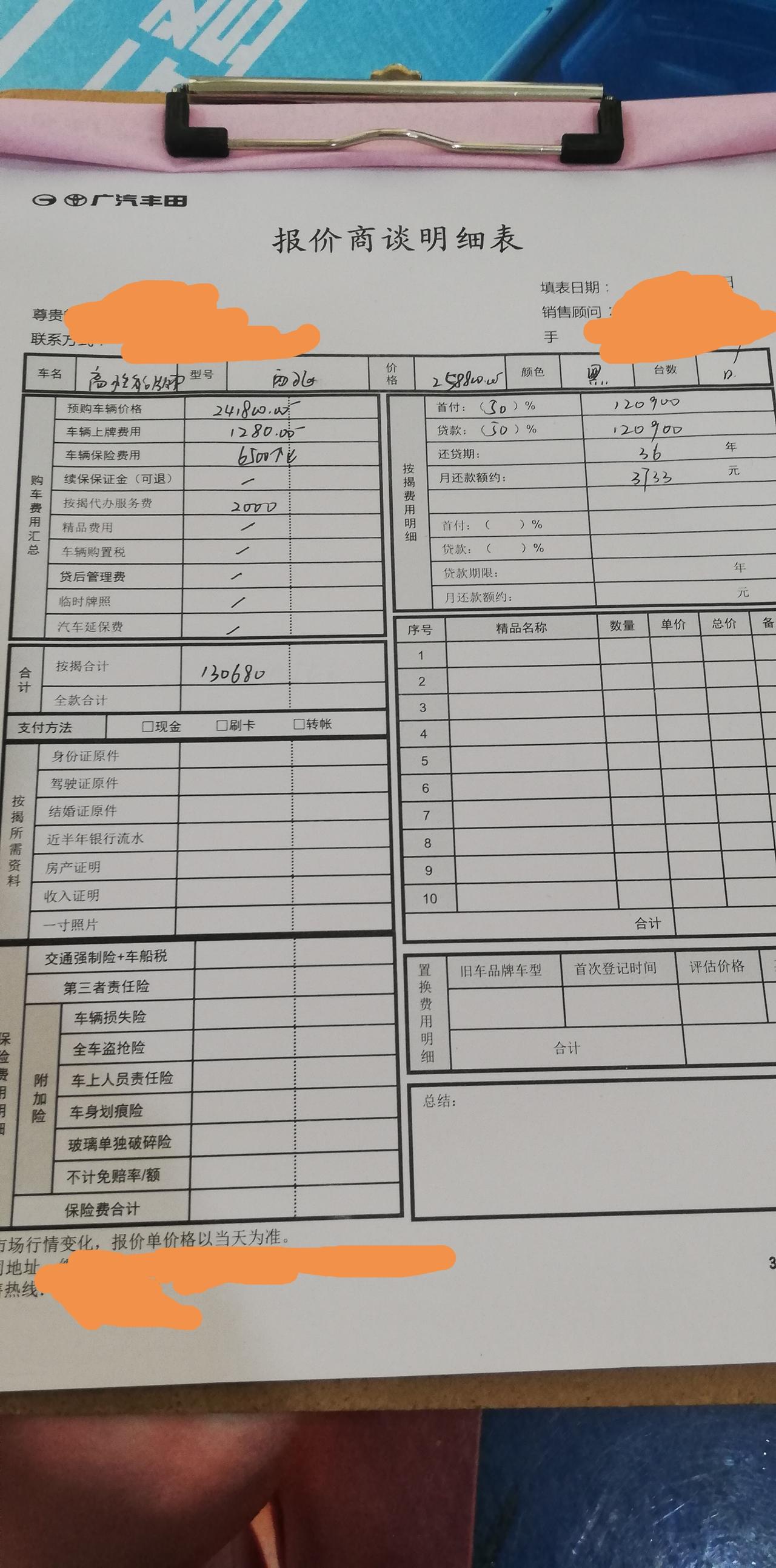 丰田威兰达高性能版 今天去4s看了高威，意向是订两驱版本。和销售初步谈了价格，大家帮忙看看，请教几个问题：一是上牌费12