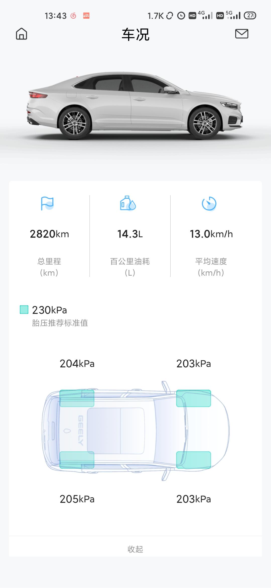 吉利星瑞 车们我这个胎压是不是不太正常啊，才刚提车一个多月，新车是2.4bar，现在只有2.0了，一个月4个轮胎都降了0