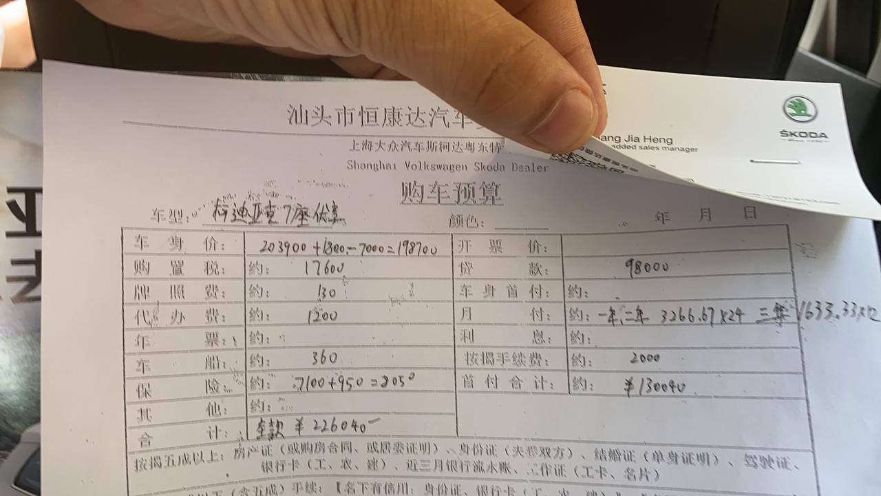 斯柯达柯迪亚克 各位车友帮我看看这个报价是不是高了？前面总价里的1800是说加装电动尾门的 三年免息 因为我是异地上牌 