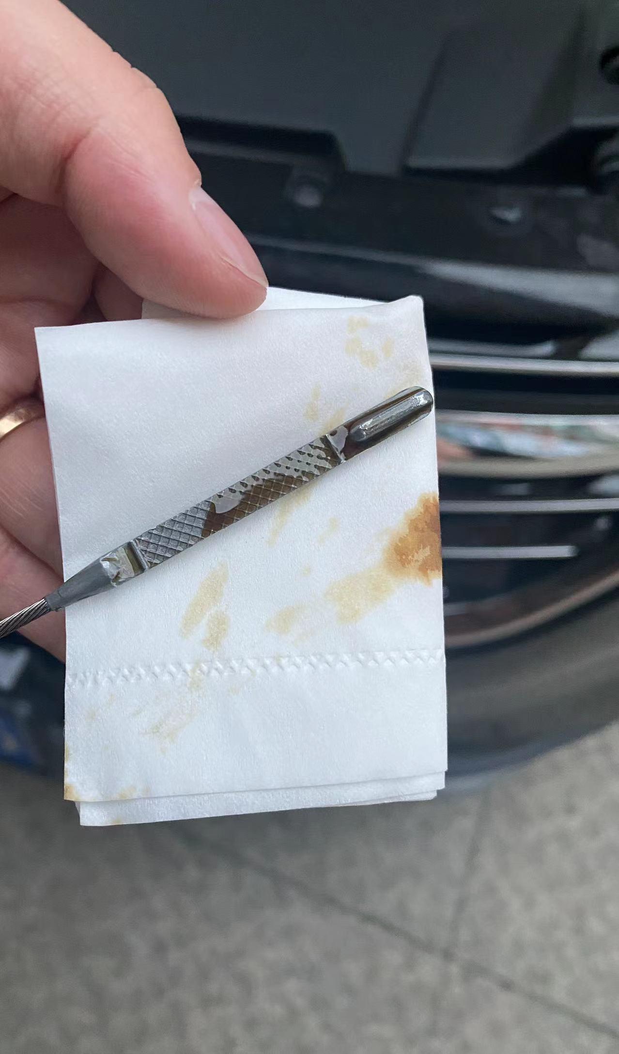 都说烧机油，今天把机油尺取出来看了一下，有点儿不太懂，请教下圈里的各位大神，如果是量的话感觉应该是正常的，但这个颜色是否