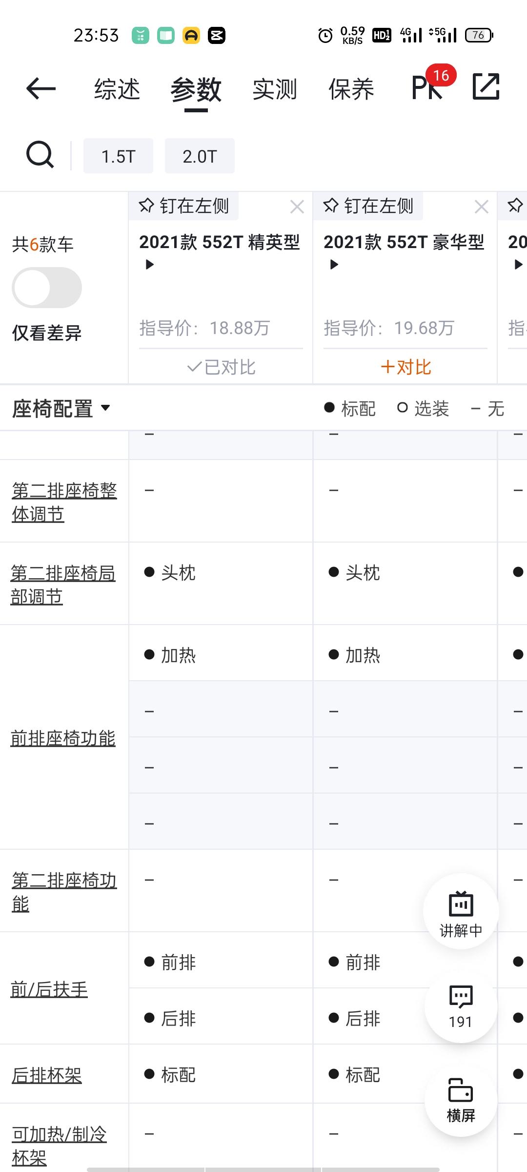 别克君威 刚刚看懂车帝参数1.5精英是不是有配置改了，比如座椅加热，氛围灯之前好像没有，难道我记错了