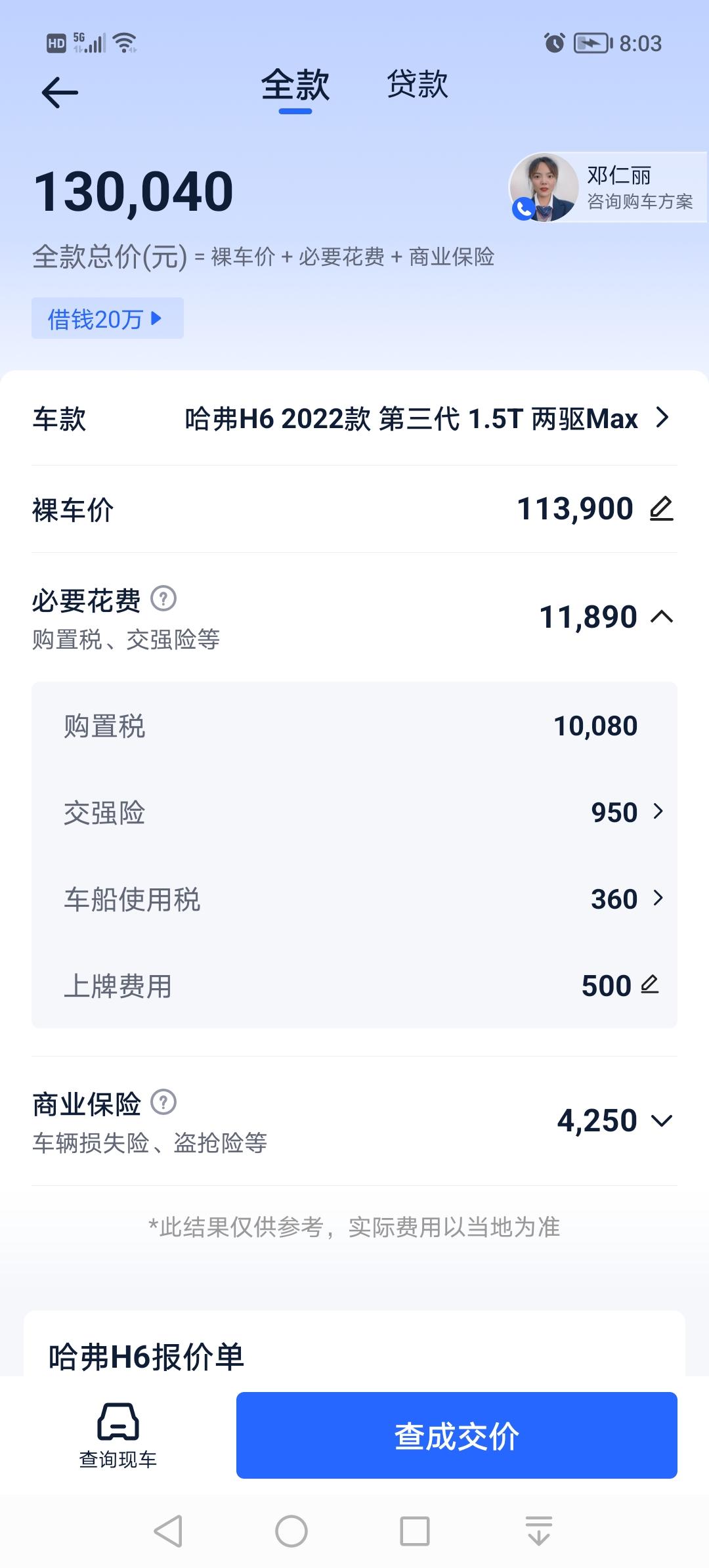 准备4月底买车，刚刚看了，哈弗H6，2022款第三代1.5T两驱MAX。销售给我报价13个哒不溜落地。不知道贵不贵