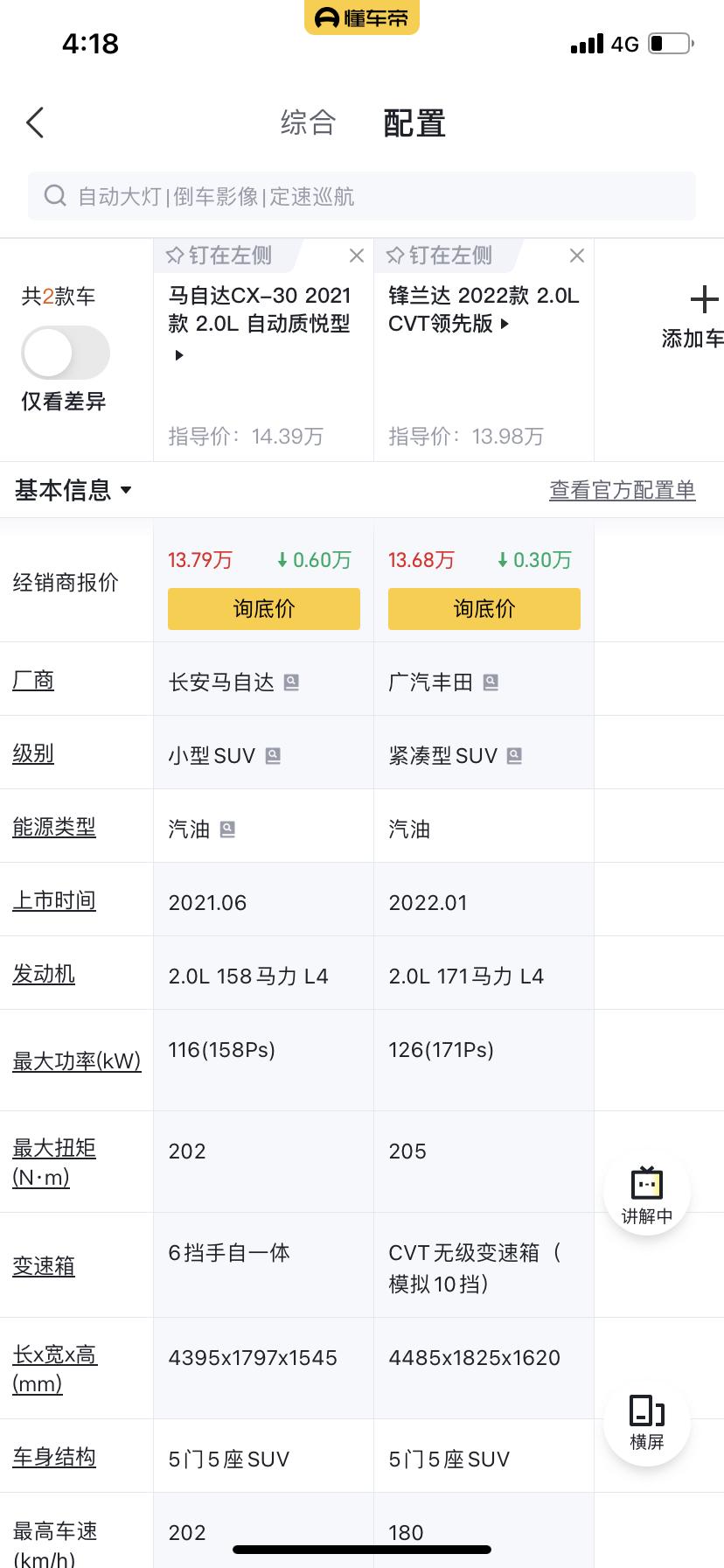 对比了好多车，xrv，缤智，逍客，锐放等等，最终还是停留在锋兰达与cx30，家用为主，开着省心，这两款哪款好，各位大佬们