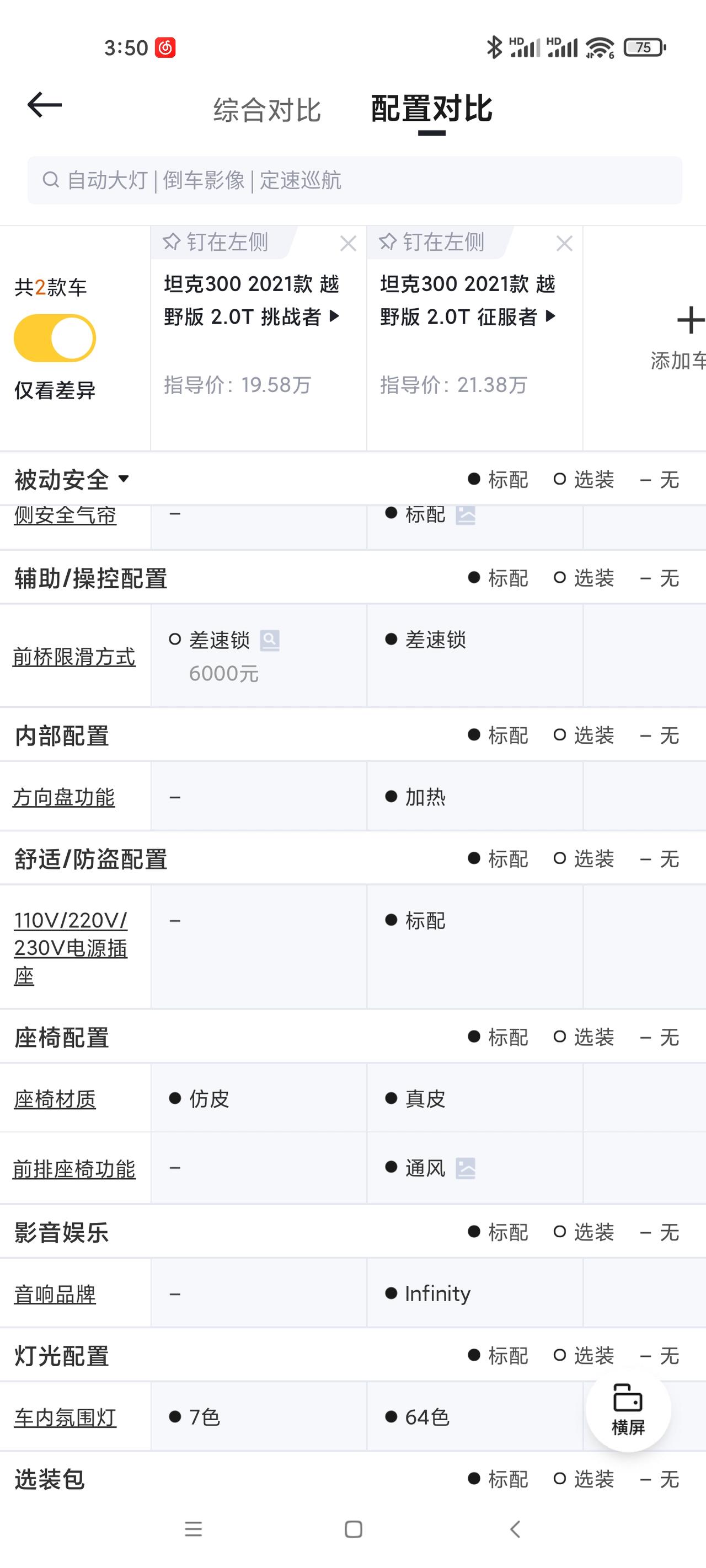 坦克300 越野版挑战者和征服者改选哪个，价格差1.6w，差速锁选装的话差1.2w，多出来的功能我觉得有用的就一个220