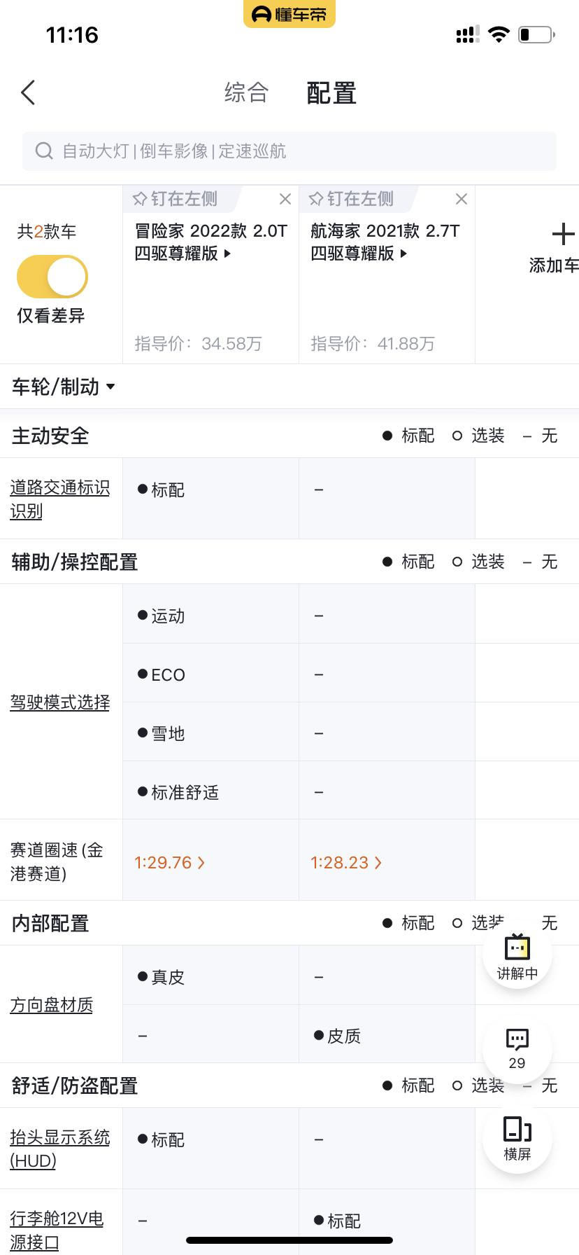 冒险家配置貌似比航海家还要好一些，驾驶模式、香氛系统、外后视镜倒车自动下翻、交通标识识别、hud，凌乱了，最近一直在冒险