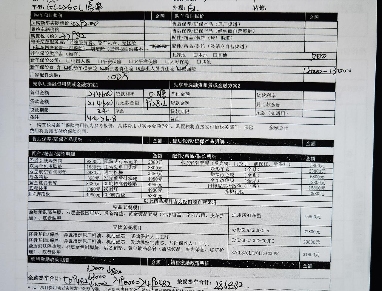 奔驰GLC 2022GLC260L豪华裸车429200税费37982上牌500全保13000利息4500（21万两年）保