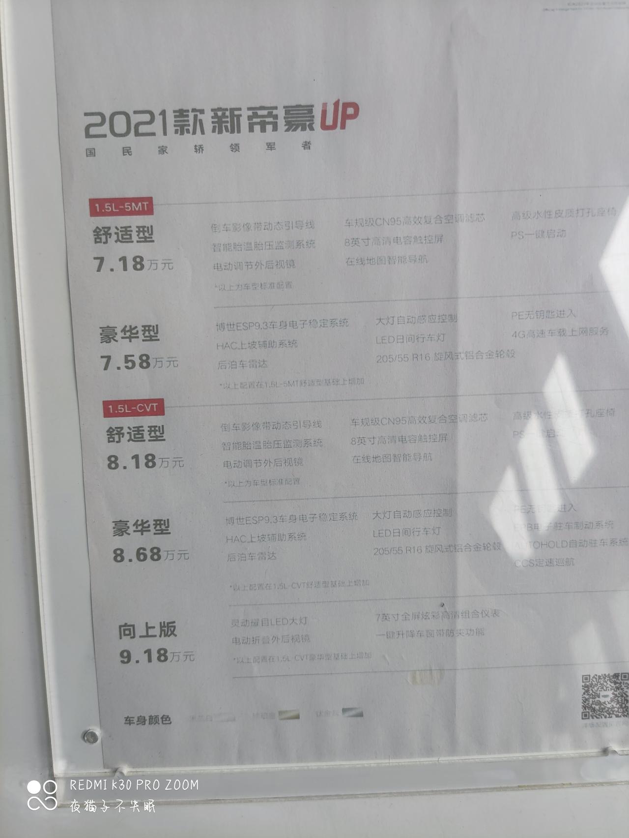 21款帝豪手动低配不带天窗4儿子店报价6.3个，贵了吗？大家几个w下来的，舒适型