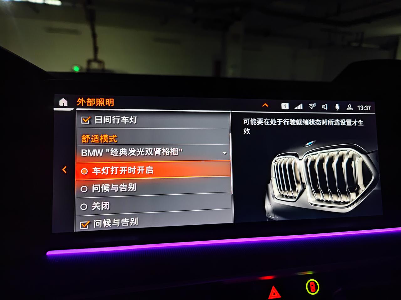 宝马X6 22年1月的，车机上面能打开发光中网，但是实际不亮，是不是要接线啊
