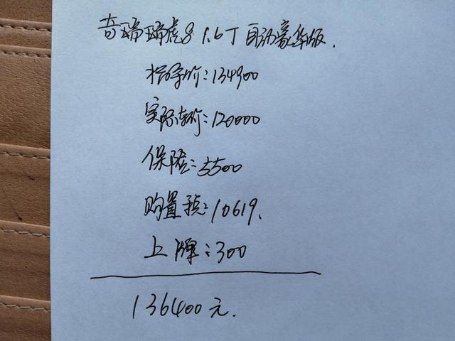 奇瑞瑞虎8 1.6T自动豪华版提车记，大家看看我的价格怎么样？