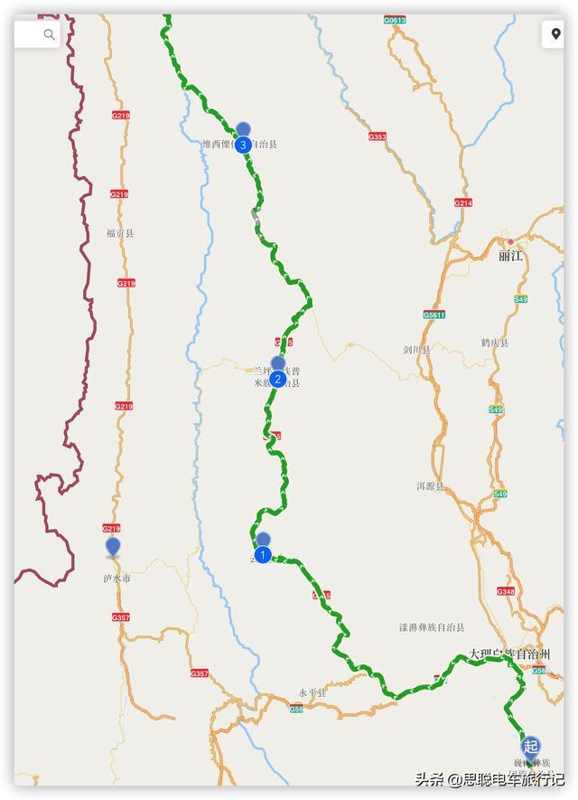 下图是从西藏走219国道经过丙察察出藏的酒店充电点位图